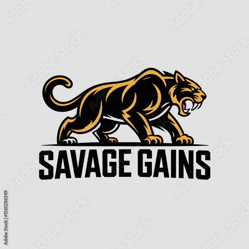 Black panther mascot illustration, savage gains, predatory animal, fitness concept, strength