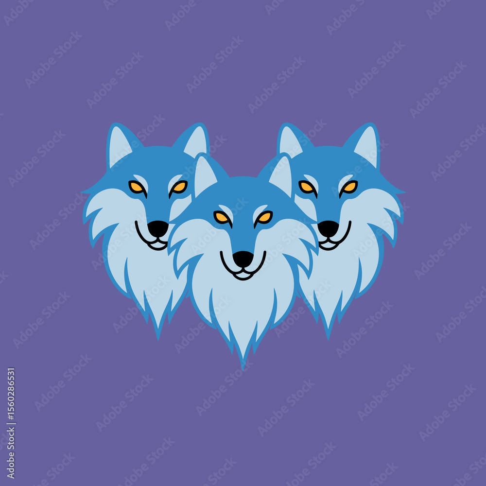 Fototapeta premium Three stylized blue wolves pack, animal illustration, canine heads, cute graphic