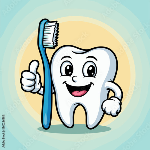Happy tooth cartoon character giving thumbs up with toothbrush for dental care