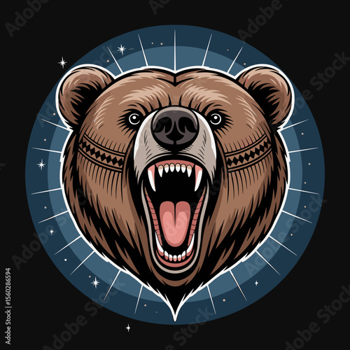 Angry brown bear head roaring with open mouth, showing sharp teeth, ferocious and powerful.