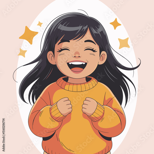 Happy young girl smiling with joy and excitement, illustration of cheerful child
