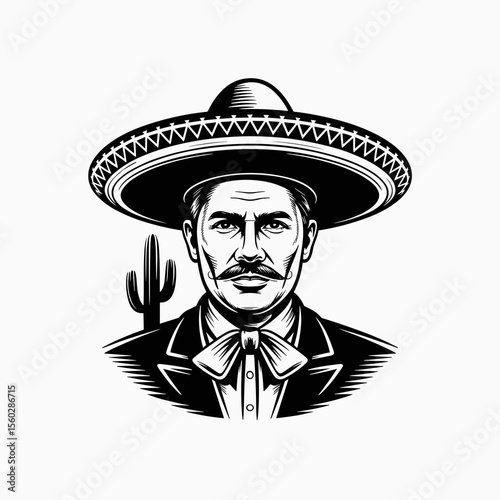 Mexican man with mustache, sombrero, cactus in black and white vintage illustration