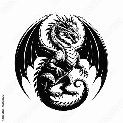 Dragon illustration, mythical creature, fantasy art, black and white, beast, drawing, powerful, fairytale, dragon, monster
