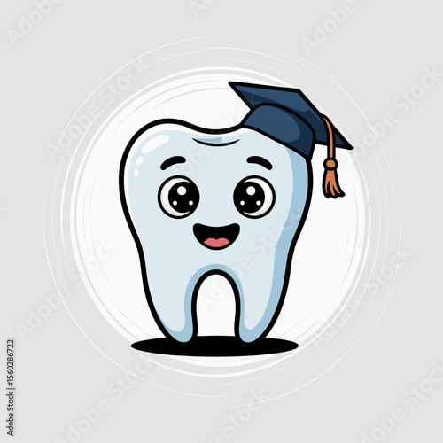 Smiling tooth with graduation cap: dental care, education, cartoon, dental, health, smile