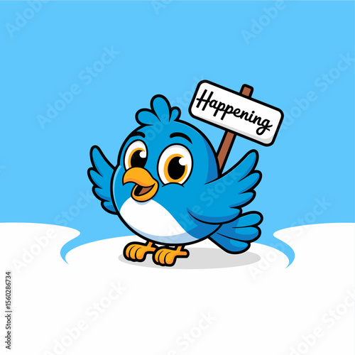 Cartoon blue bird holding a happening sign, illustration, vector, mascot, cheerful, announcement, cute