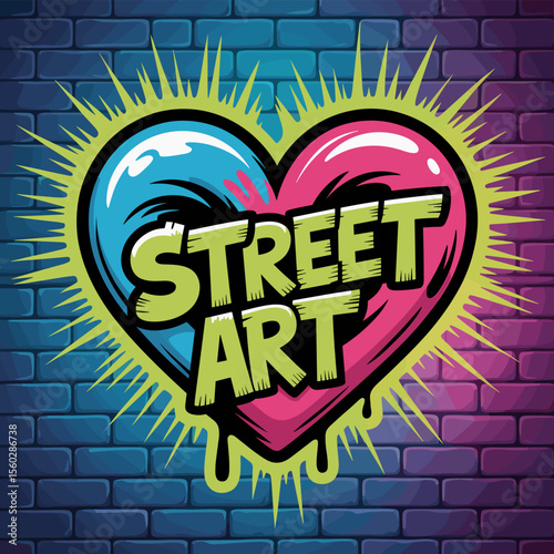 Street art heart graffiti illustration on brick wall background