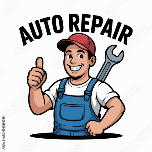 Auto repair mechanic gives thumbs up with wrench, one person, cartoon illustration