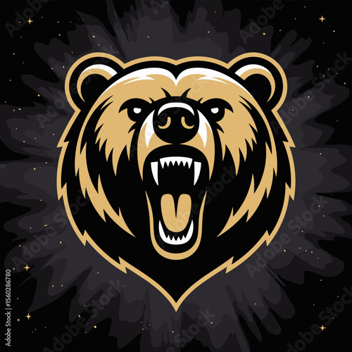 Aggressive bear mascot logo design, black and gold, fierce predator, roaring wild animal
