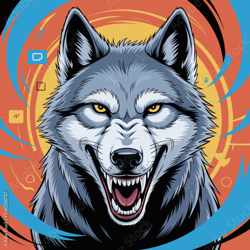 Aggressive wolf illustration showing teeth with orange and yellow background