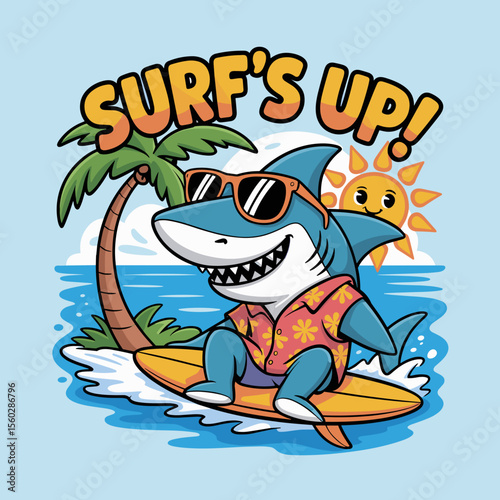 Cartoon shark surfing with sunglasses and Hawaiian shirt at the beach