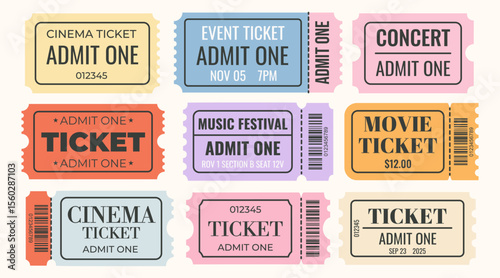 Set of colorful admit tickets template. Ticket for cinema, movie, circus, theater, film, festival, club, music. Event admission, entrance pass set. Vector illustration 