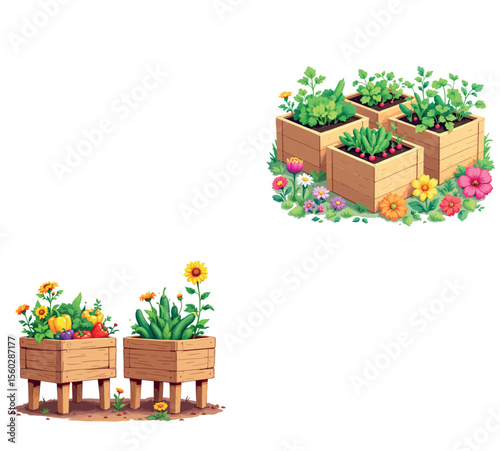 Vsai wooden planter boxes growing vegetables and flowers