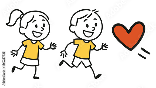 Boy and Girl Running with Heart. Cute Love, Friendship, Happy Kids, Playful Character, Child, Sketch Hand-Drawn Doodle Style Cartoon Vector Illustration