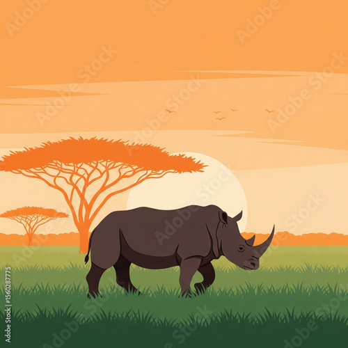 Rhinoceros walking on green grass against sunset in savannah  