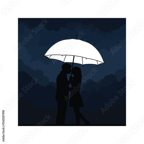 Silhouette of Couple Kissing Under White Umbrella in the Rain Romantic Night Scene