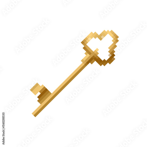 Pixel art key with golden hues in a retro mosaic style, ideal for game designs and nostalgic projects.