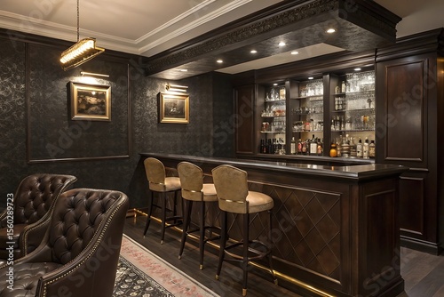 Luxurious home bar with dark wood leather chairs and elegant lighting