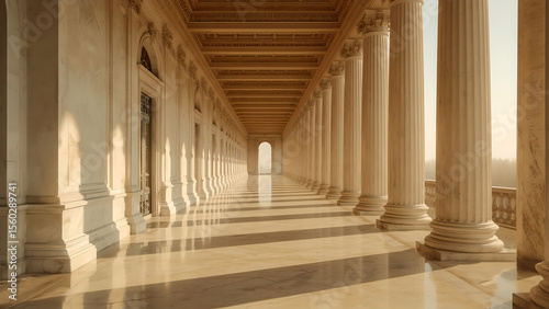 Sunlit Classical Colonnade with Long Shadows and Warm Beige Tones
