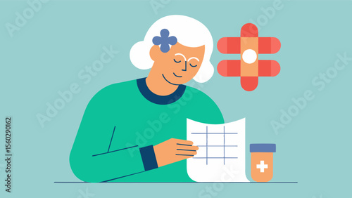 A drawing of an older person completing a crossword puzzle and taking brain health supplements showcasing the benefits of cognitive exercises and supplements for brain health.. Vector illustration