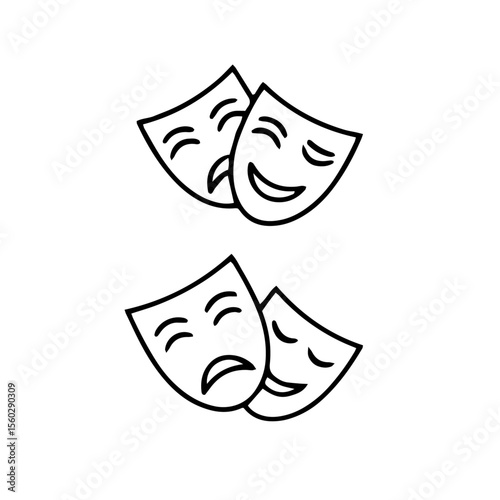 Theatre mask icons, drama face outline symbols, comedy and tragedy vector design

