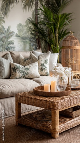 Serene coastal living room with woven rattan coffee table, soft neutral sofa, botanical throw pillows, and tropical palm leaf wallpaper creating a tranquil, nature-inspired interior design sanctuary