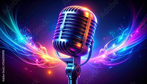 Abstract neon light microphone art design, digital art, wallpaper, stunning, intricate, glowing, space background