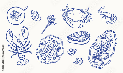 Various seafood elements line art set. Vector hand drawn illustration. All elements are isolated.