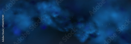  Luxury navy blue night sky background with golden stars, magical glitter, and bokeh sparkle. Abstract dark frame for holiday or wedding cards. 