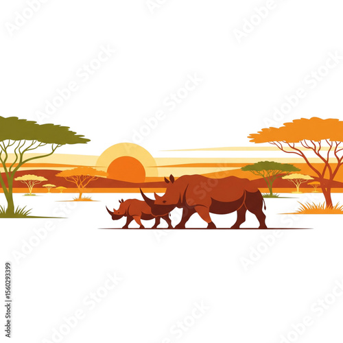 Adult rhinoceros walking with calf in savannah at sunset  