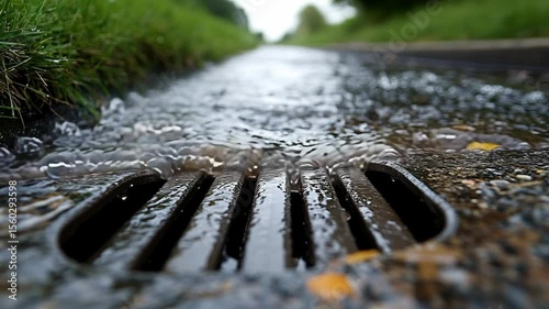 Stormwater runoff flowing into a grate.