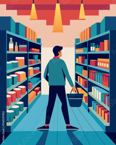 A person walks through a store the shelves filled with products promising happiness and fulfillment all carefully crafted by advertisers to manipulate and control consumer. Vector illustration