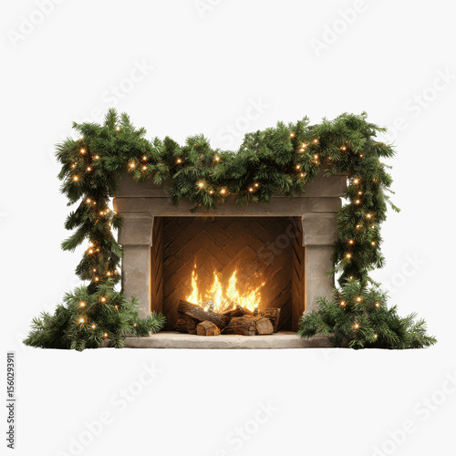 Festive Fireplace with Christmas Garland and Burning Fire