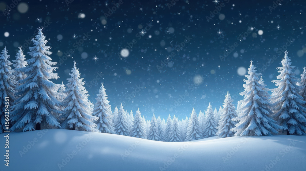 Naklejka premium Serene winter landscape featuring snow covered trees under starry night sky, creating peaceful and magical atmosphere