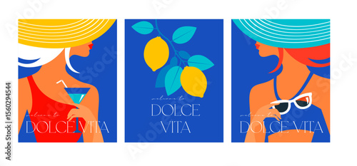 Dolce vita vibe banners. Stylish beautiful woman with cocktail, sunglasses and lemon, summer tropical banner. Poster design set. Vector illustration.