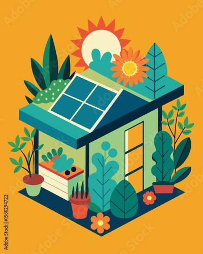 A unique retreat featuring a solarpowered rooftop garden filled with cascading succulents and colorful herbs.. Vector illustration