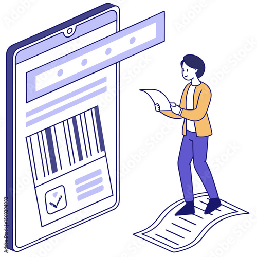 Illustration of online shop interface with person walking and shopping bag and open catalog shown here