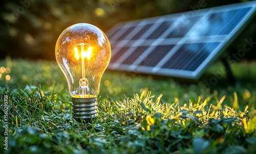 Illuminated lightbulb and solar panel in grass
