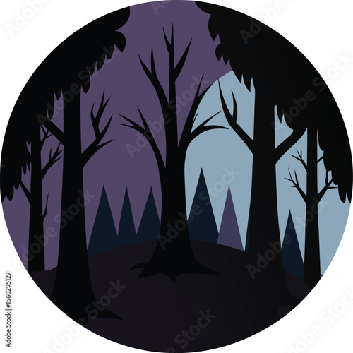 Scary Halloween night illustration with a dark tree silhouette and bats flying under a moonlit sky