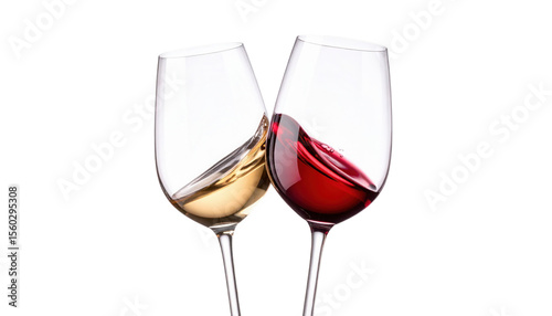 Two wine glasses, one filled with white wine and the other with red wine, tilted towards each other.