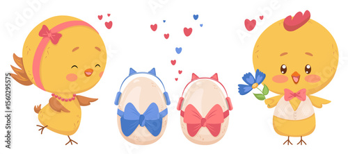 Young happy chicken family dad, mom, kids in shell. Vector anthropomorphic hen and cockerel in clothes with kids-eggs of different genders in headphones. Family happiness design and atmosphere of love