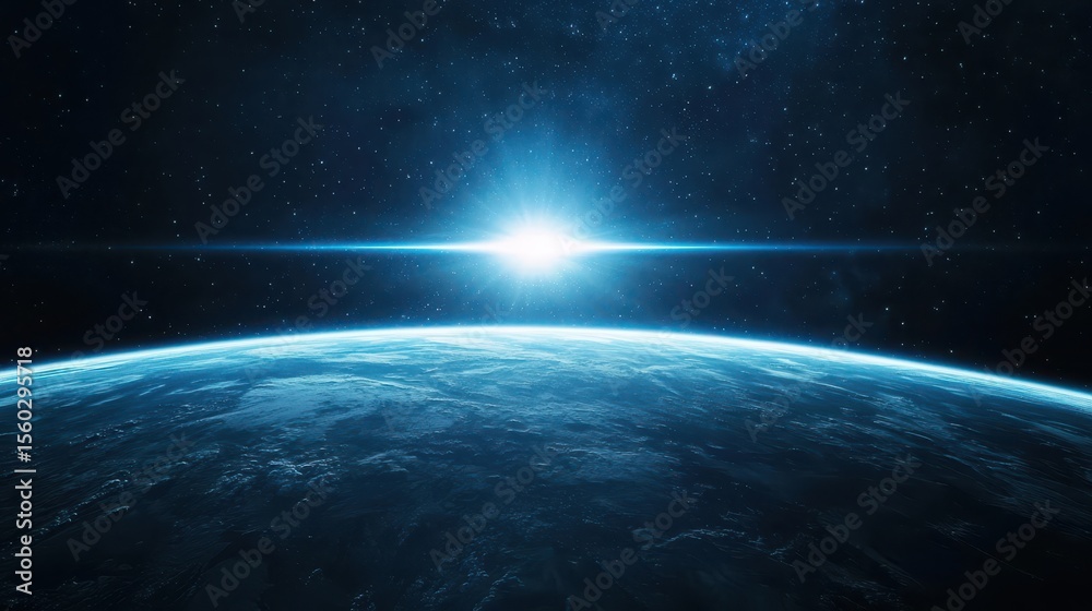 Fototapeta premium Bright blue light ray bursting from behind planet horizon, casting dramatic lens flare and glowing streaks into the void
