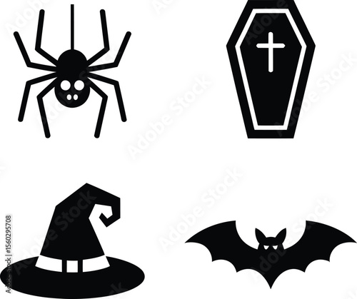 Four black halloween icons featuring a spider coffin witch hat and bat