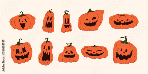 Set of Creepy and Funny Jack o Lantern Pumpkin Faces. Halloween Emotion Expressions. Scary, Angry, Smiling, Laughing Carved Pumpkins. Flat Graphic Vector Illustration. Isolated on White Background