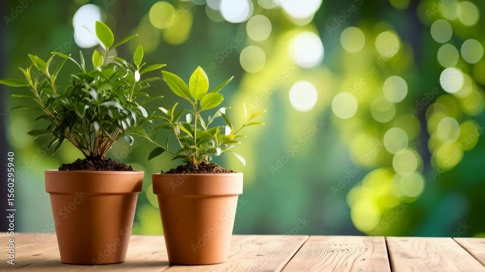 Two small potted plants sit on a wooden surface with soft green bokeh in the background.