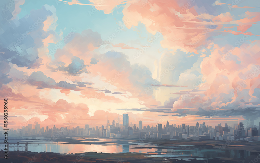 Fototapeta premium City skyline at sunset with pink and blue clouds over a body of water