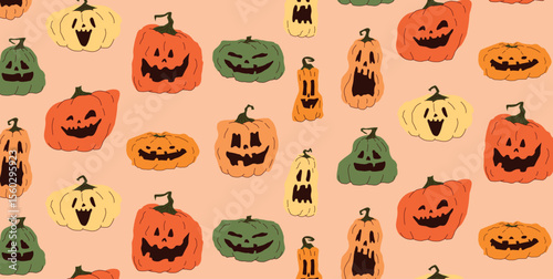 Seamless Pattern with Colorful Halloween Pumpkins. Scary and Funny Jack o Lantern Faces in Green Yellow Orange. Emotion Expression Carved Faces. Flat Graphic Vector Illustration