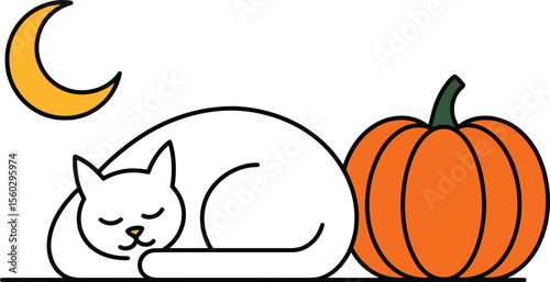 Cute white cat sleeping peacefully next to a pumpkin under a crescent moon