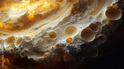 A futuristic 3D illustration depicting the surface of an alien world with trypophobia-inspired textures. Highly detailed organic structures filled with countless perforations create