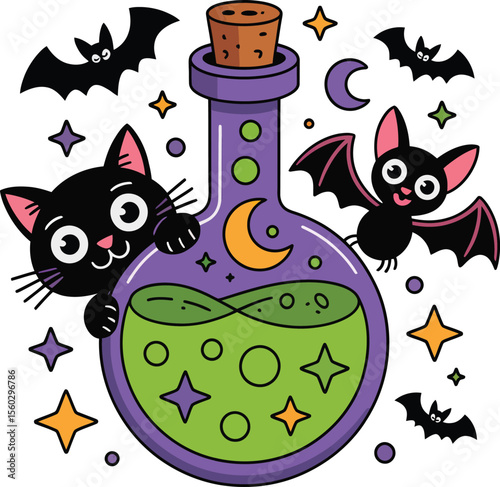 Cute black cat and bat with potion bottle and stars for halloween