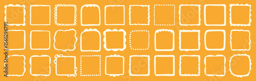 A set of hand-drawn square frames on a brown background. Decorative vector borders and doodle frames for scrapbooking, invitations, greeting cards, posters, photo albums, and design projects.